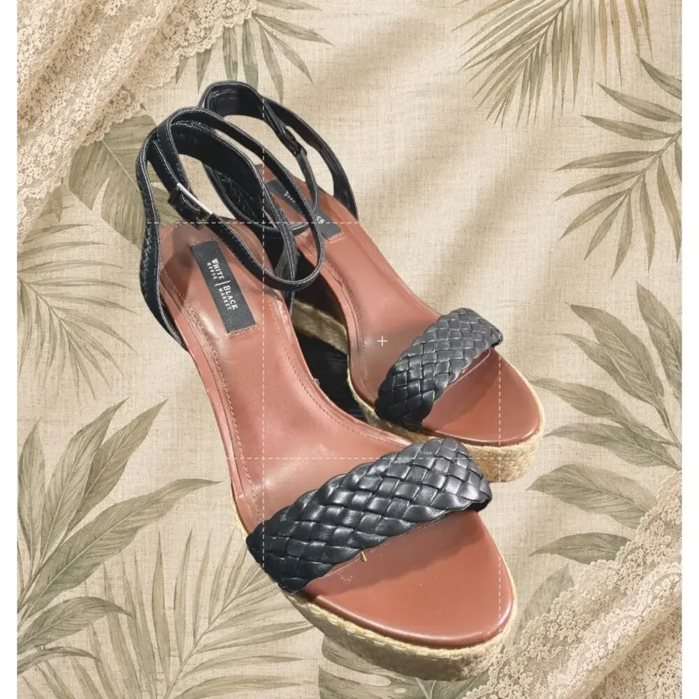 WHBM White House Black Market Womens 10M Black Leather Espadrille Wedge Sandals - Picture 2 of 10